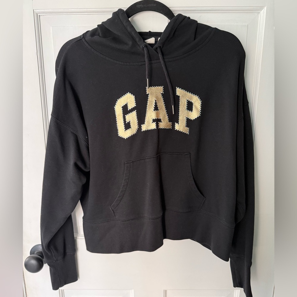 GAP Black Hoodie with Gold Lettering and Sequins - Woman’s Small